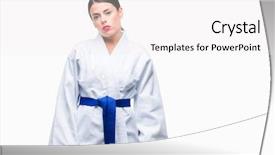  Presentation with karate - Slide deck featuring beautiful woman wearing karate kimono background and a  colored foreground