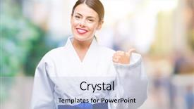  Presentation with karate - Presentation design featuring beautiful woman wearing karate kimono background and a light blue colored foreground