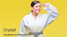  Presentation with far away - Slide deck with beautiful woman wearing karate kimono background and a yellow colored foreground