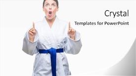  Presentation with young woman wearing boxer gloves - Audience pleasing slides consisting of beautiful woman wearing karate kimono backdrop and a white colored foreground