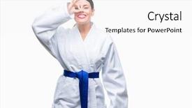  Presentation with karate - Cool new PPT theme with beautiful woman wearing karate kimono backdrop and a white colored foreground
