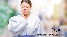  Presentation with kids hand prints paint - PPT layouts consisting of beautiful woman wearing karate kimono background and a light blue colored foreground