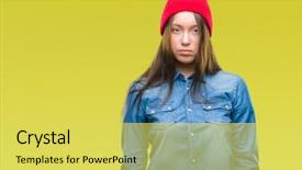  Presentation with simple - Beautiful PPT theme featuring beautiful woman wearing wool cap backdrop and a yellow colored foreground