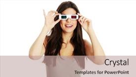  Presentation with thick glasses - Audience pleasing presentation theme consisting of beautiful woman with 3d glasses backdrop and a coral colored foreground