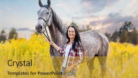  Presentation with horse riding - Slide deck consisting of beautiful woman with a horse background and a gold colored foreground
