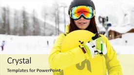  Presentation with snowboard - Theme featuring beautiful woman with a snowboard background and a yellow colored foreground