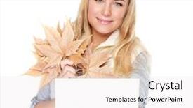  Presentation with postcard - Amazing PPT theme having beautiful woman with autumn bouquet isolated on white background holding in hands dry maple leaves and blank postcard backdrop and a white colored foreground