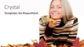  Presentation with autumn leaves - Colorful presentation theme enhanced with beautiful-woman-with-autumn-leaves backdrop and a white colored foreground