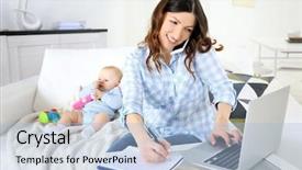  Presentation with working woman - Amazing presentation theme having family business - beautiful woman with baby boy backdrop and a light blue colored foreground