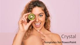  Presentation with kiwi fruit - Cool new theme with beautiful-woman-with-blue-eyes backdrop and a coral colored foreground