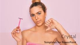  Presentation with blue eyes - Cool new slide deck with beautiful-woman-with-blue-eyes backdrop and a coral colored foreground