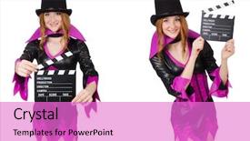  Presentation with clapper - PPT theme enhanced with beautiful woman with clapper board background and a lilac colored foreground