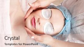  Presentation with beautiful skin - Presentation design with beautiful woman with clear skin getting beauty treatment - massage of her face at salon background and a lemonade colored foreground
