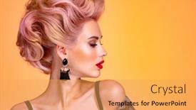  Presentation with beautiful young girl red - Presentation design consisting of beautiful-woman-with-creative-hairstyle background and a yellow colored foreground