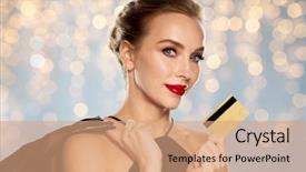  Presentation with credit card - Cool new slides with beautiful woman with credit card backdrop and a coral colored foreground