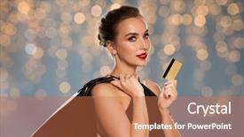  Presentation with credit card - Slide deck featuring beautiful woman with credit card background and a coral colored foreground
