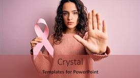  Presentation with pink ribbon - PPT theme enhanced with beautiful-woman-with-curly-hair background and a red colored foreground