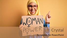  Presentation with women rights - Colorful PPT theme enhanced with beautiful-woman-with-curly-hair backdrop and a coral colored foreground