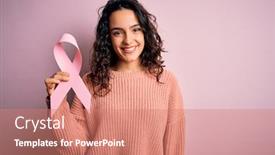 Presentation with pink ribbon - Cool new PPT theme with beautiful-woman-with-curly-hair backdrop and a coral colored foreground