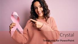 Presentation with pink ribbon - Slide set with beautiful-woman-with-curly-hair background and a coral colored foreground