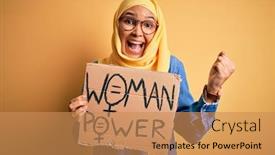  Presentation with women rights - Audience pleasing presentation design consisting of beautiful-woman-with-curly-hair backdrop and a coral colored foreground