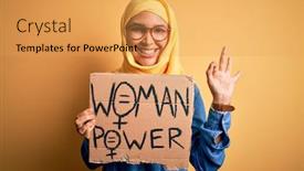  Presentation with women rights - Slides having beautiful-woman-with-curly-hair background and a yellow colored foreground