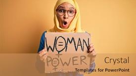  Presentation with women rights - Slide deck enhanced with beautiful-woman-with-curly-hair background and a coral colored foreground