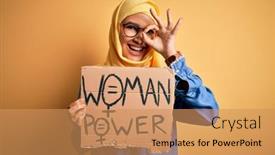  Presentation with women rights - Beautiful slide set featuring beautiful-woman-with-curly-hair backdrop and a coral colored foreground