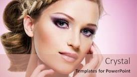  Presentation with makeup - Presentation design with beautiful woman with fashion hairstyle and pink makeup background and a coral colored foreground