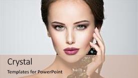  Presentation with green fashion - Slide set consisting of beautiful woman with fashionable jewelry portrait of a pretty fashion girl with green glass necklace american model posing at studio background and a coral colored foreground