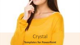  Presentation with finger point - PPT theme having beautiful-woman-with-finger-point background and a yellow colored foreground