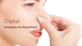  Presentation with smell - Presentation theme featuring beautiful woman with grimace beacuse of bad smell isolated on white background and a lemonade colored foreground