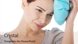  Presentation with headache - Colorful presentation design enhanced with beautiful woman with ice bag having headache isolated on white backdrop and a coral colored foreground
