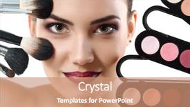  Presentation with brushes makeup - Presentation theme having beautiful woman with makeup brushes background and a coral colored foreground