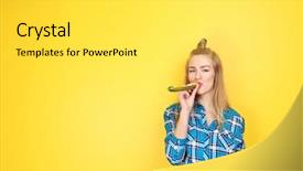  Presentation with whistle - Amazing PPT theme having beautiful woman with party whistle backdrop and a light gray colored foreground