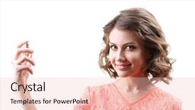  Presentation with perfume - Cool new presentation design with beautiful woman with perfume bottle isolated on white backdrop and a lemonade colored foreground