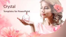  Presentation with pink perfume - Presentation theme enhanced with beautiful woman with perfume bottle in flowers on pink background background and a lemonade colored foreground