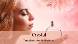  Presentation with pink perfume - Cool new presentation with beautiful woman with perfume bottle on pink flowers background backdrop and a coral colored foreground