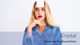  Presentation with paper - Slide deck consisting of beautiful-woman-with-reminder-sticker background and a light blue colored foreground