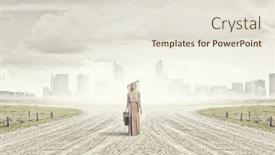  Presentation with suitcase - PPT theme consisting of beautiful woman with retro suitcase walking on road background and a sky blue colored foreground