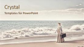  Presentation with suitcase - Presentation design having beautiful woman with retro suitcase background and a sky blue colored foreground