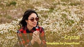  Presentation with flowery - Colorful presentation design enhanced with beautiful woman with sunglasses sitting in the middle of a flowery meadow smelling a daisy backdrop and a tawny brown colored foreground