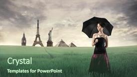 Presentation with green cities - Colorful slide set enhanced with vintage travel - beautiful woman with umbrella standing backdrop and a ocean colored foreground