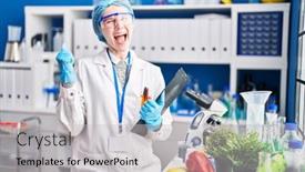  Presentation with laboratory food - Slide deck consisting of beautiful-woman-working-at-scientist background and a light gray colored foreground