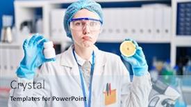  Presentation with sad woman - Slides having beautiful-woman-working-at-scientist background and a  colored foreground