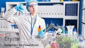  Presentation with laboratory food - PPT layouts having beautiful-woman-working-at-scientist background and a light gray colored foreground