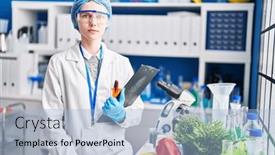  Presentation with laboratory food - Presentation theme enhanced with beautiful-woman-working-at-scientist background and a light blue colored foreground
