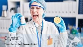  Presentation with mad scientist - PPT theme consisting of beautiful-woman-working-at-scientist background and a light blue colored foreground