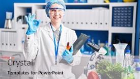  Presentation with food laboratory - Presentation theme consisting of beautiful-woman-working-at-scientist background and a light gray colored foreground