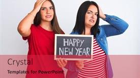  Presentation with happy angry - Colorful PPT theme enhanced with beautiful women holding blackboard happy new year message over isolated white background stressed with hand on head shocked with shame and surprise face angry and frustrated fear and upset backdrop and a red colored foreground